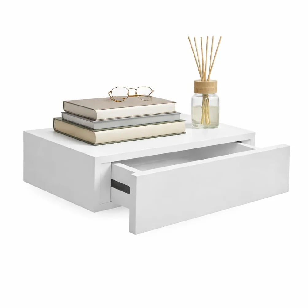 Mensola a Parete con Cassetto Integrato Legno 40x24x10h cm Bianco Salvaspazio 5Kg
