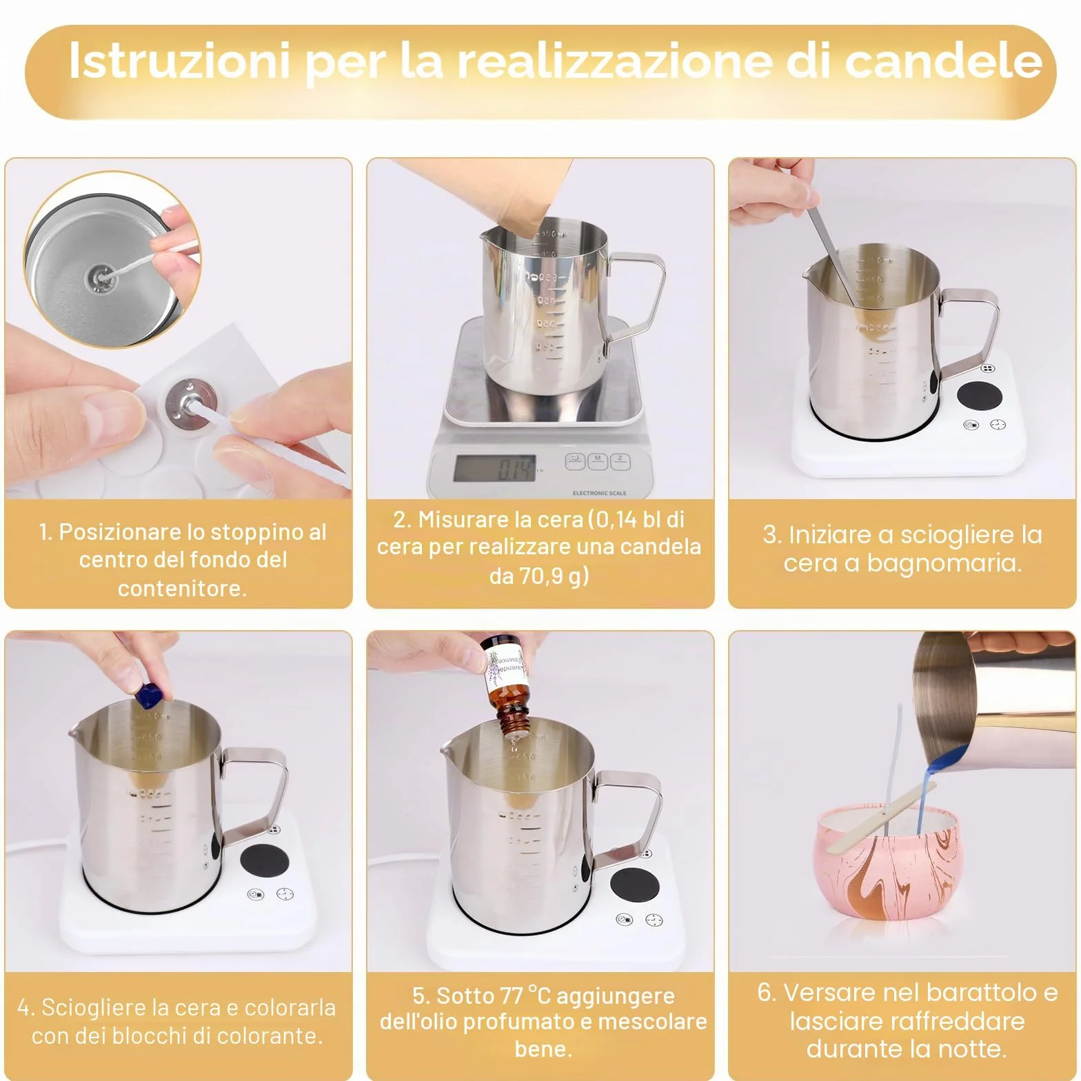 Set di Candele Fai da Te, Kit per Adulti, Cera di Soia 480g, 9 Barattoli, 6 Oli Profumati, 8 Blocchi di Colore, Regalo per Principianti