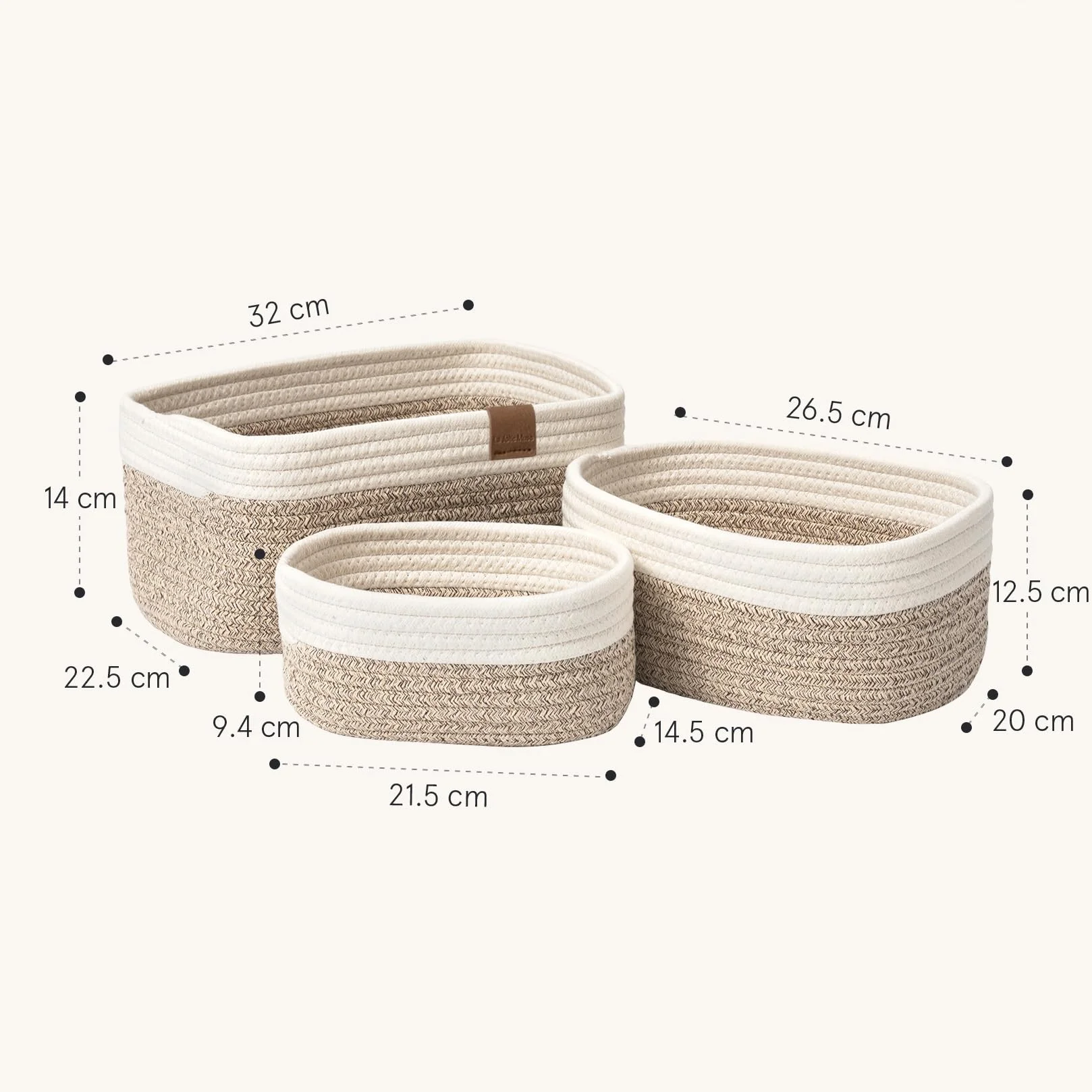 La Jolíe Muse Cesto in Corda di Cotone Cestini Portaoggetti con Manici Set di 3 Bianco Marrone